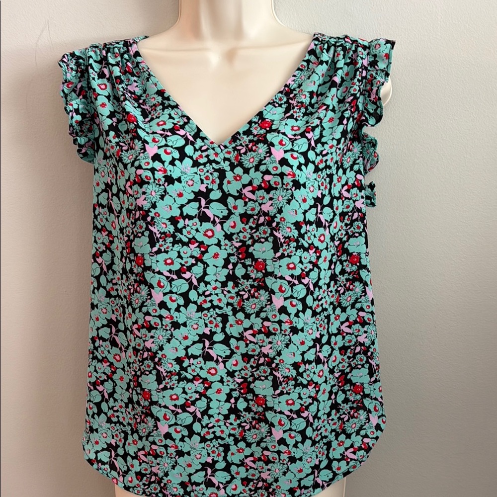 Philosophy Mint Floral V-Neck Ruffle Sleeve Chic Blouse Size Small